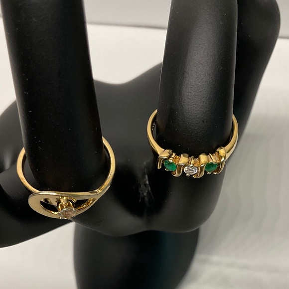 Avon Gold-Tone Teardrop Ring with Clear Crystal – Size 5 & Green Band Ring - Picture 2 of 8